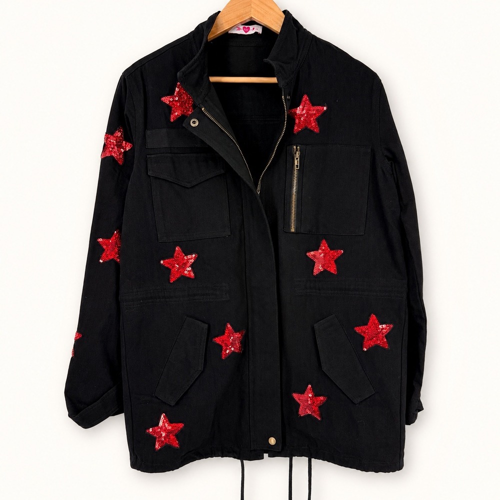 Buddy Love‎ Small Alyssa Utility Jacket Black Red Sequin Star Patch Military USA